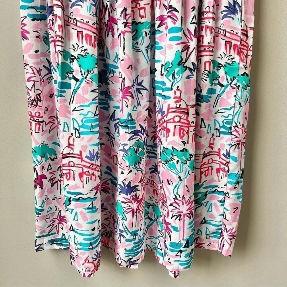 Vintage Skirt Women's XS Tropical Palm Trees Pleated Midi White Pink Kawaii - Picture 6 of 8